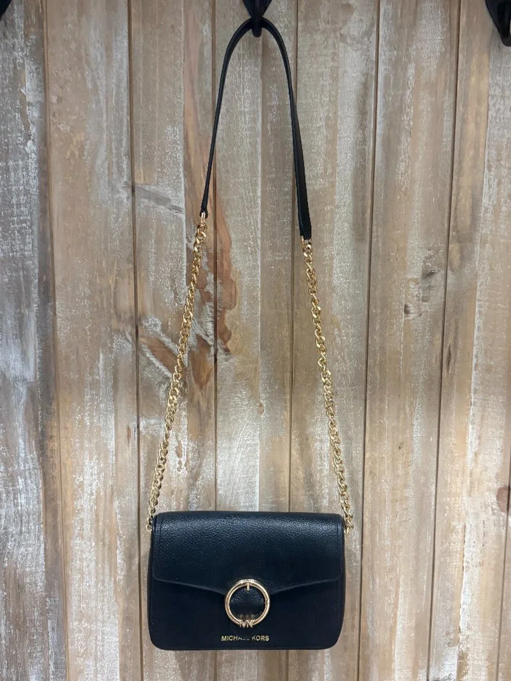 Michael Kors Wanda Crossbody Bag Black Pebbled Leather Structured Chain Strap